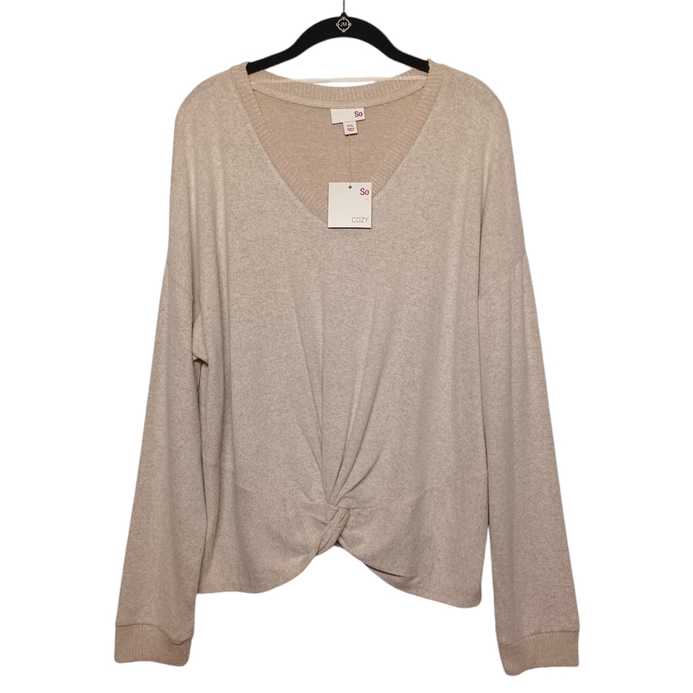 SO Cozy Tan Canvas Brown Long Sleeve Front Twist Stretchy Knit Top XXL NWT J